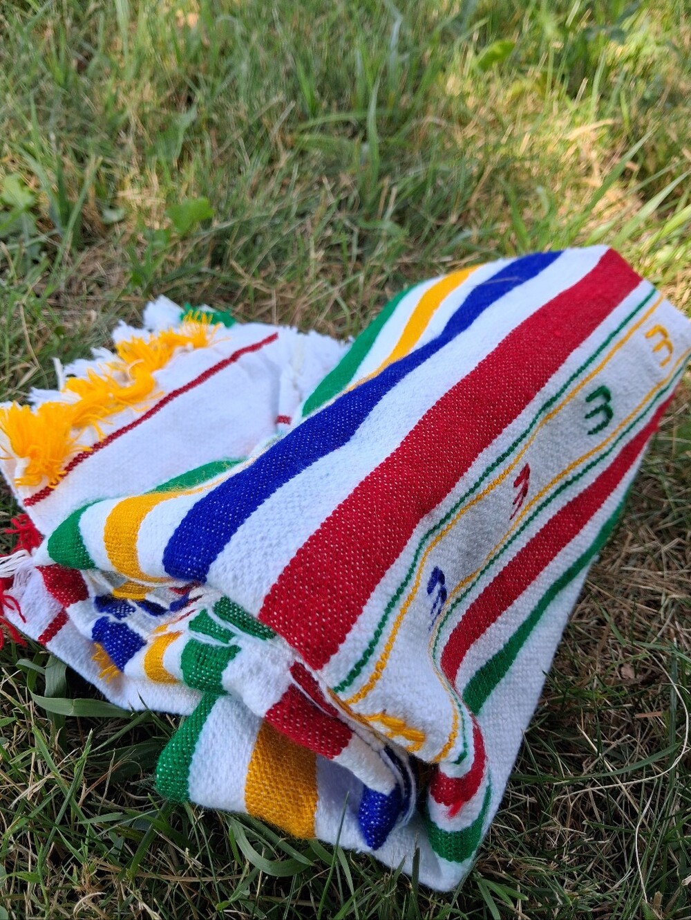 New Cotton Blanket Striped Beach Towel with Tassels - Gree, Blue, Yellow 32 X 50